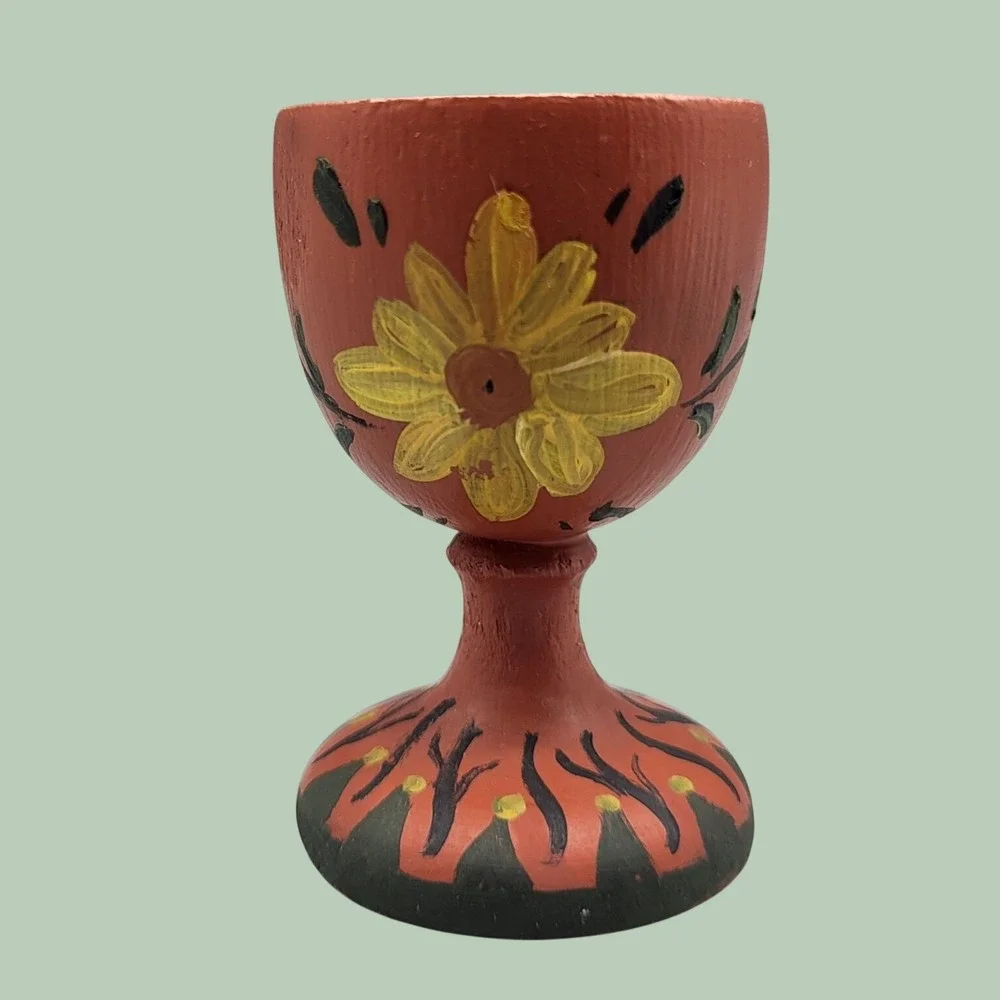 Vintage Wooden Hand Painted Egg Cup Red Floral Design Kitchen Art Folk Decor 2